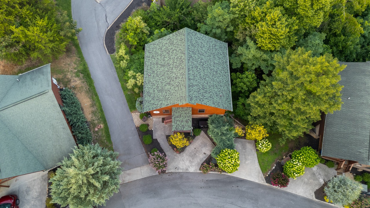Drone Picture showing 2 Parking Spots (standard car length) in front of cabin.