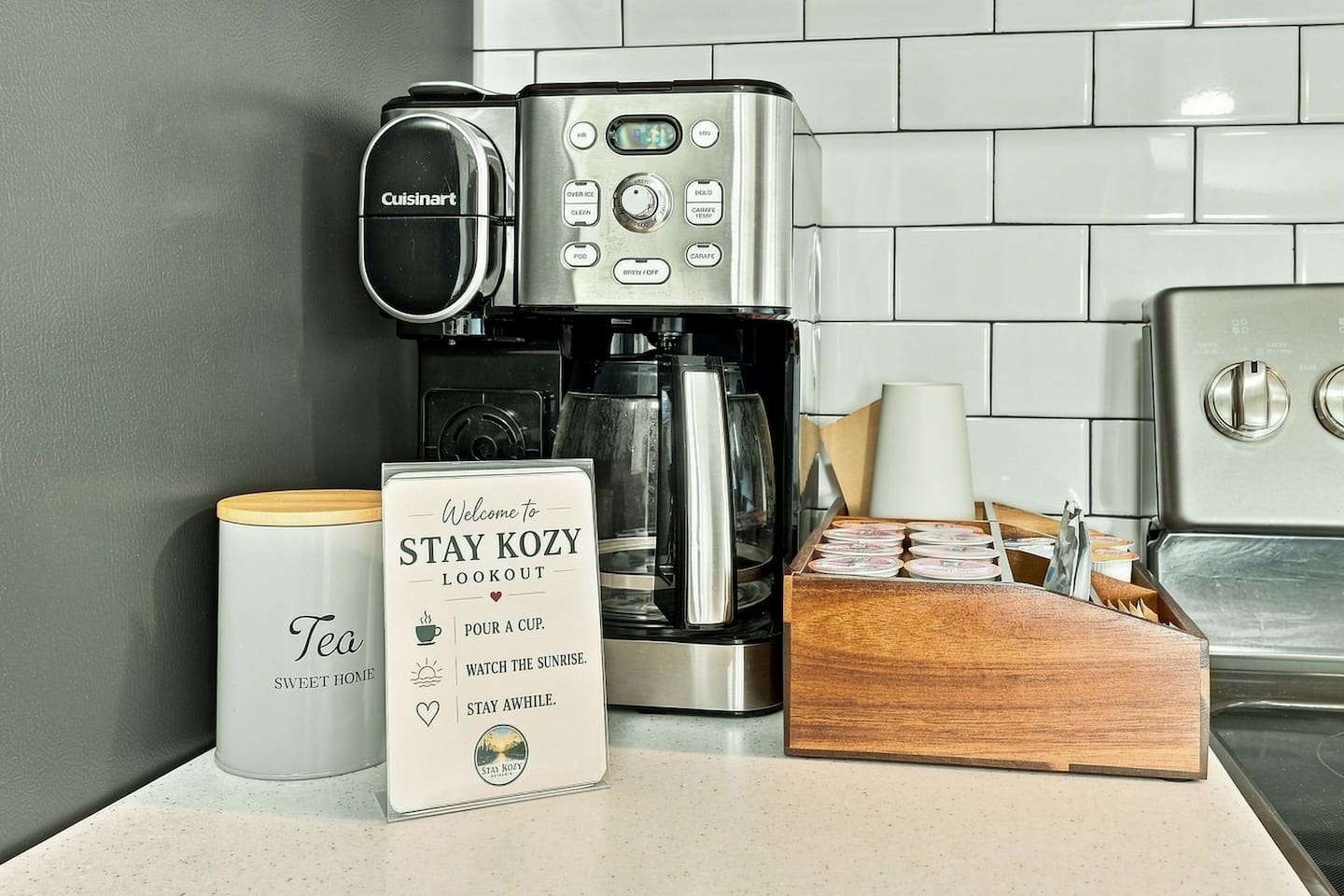 Coffee your way: brew a full pot or a single cup before heading out for the day. A dedicated coffee and tea station keeps morning essentials together—because lake days deserve an easy start.
