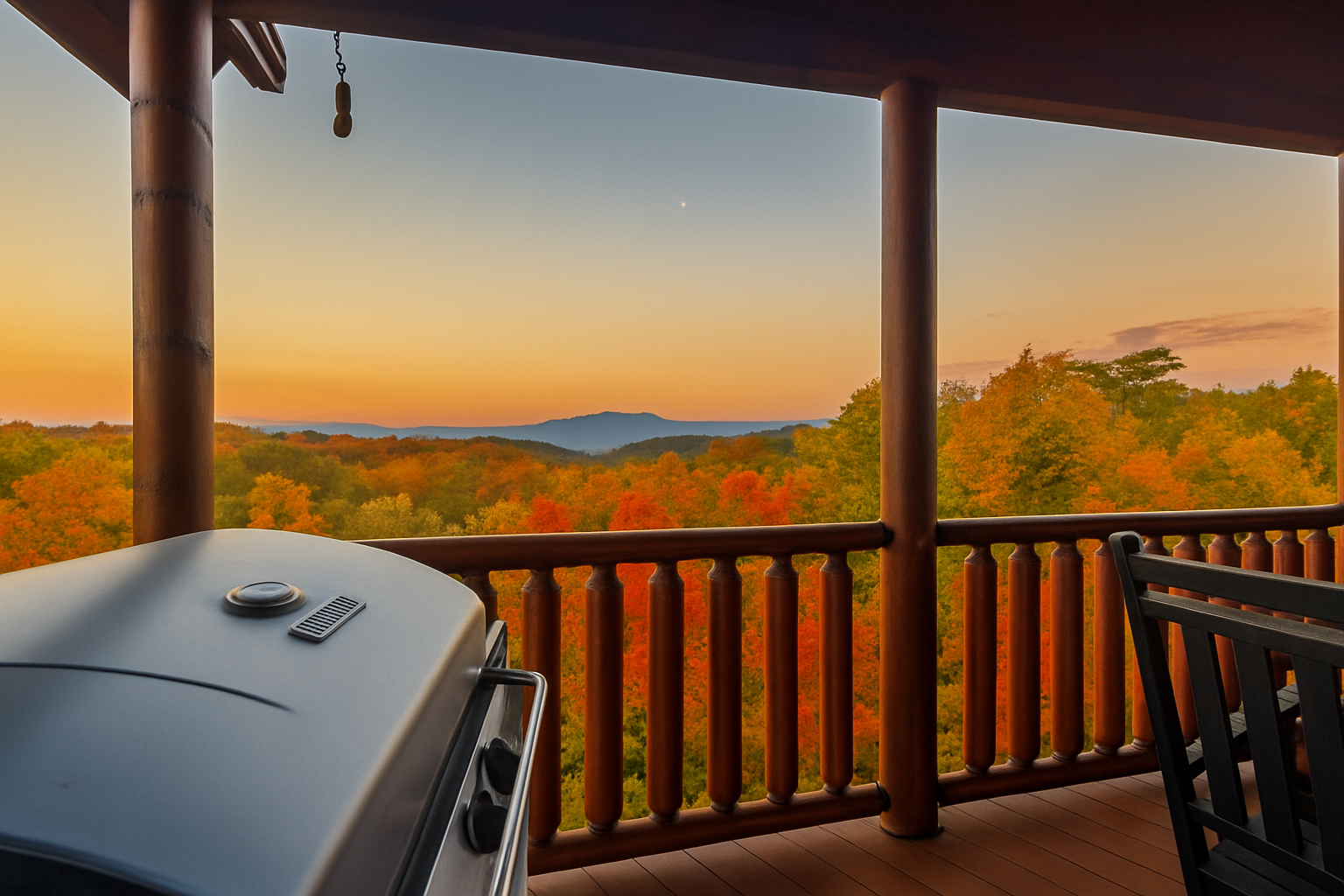 Enjoy the fall beauty from the upper deck, as lights begin to twinkle from nearby Pigeon Forge and Mount LeConte.