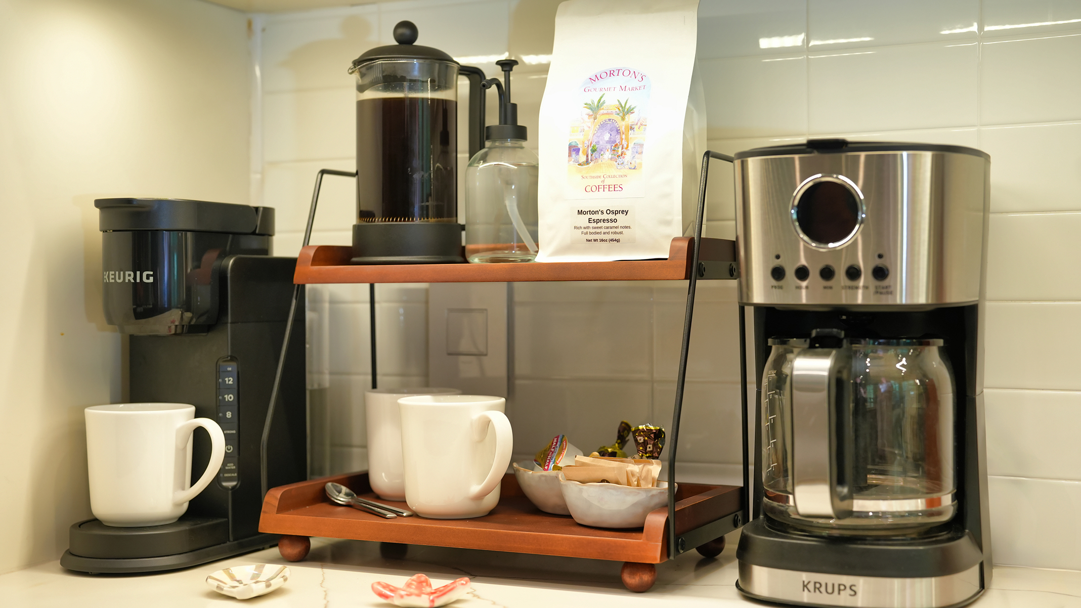 Coffee bar featuring 3 types of coffeemakers + Lavazza coffee