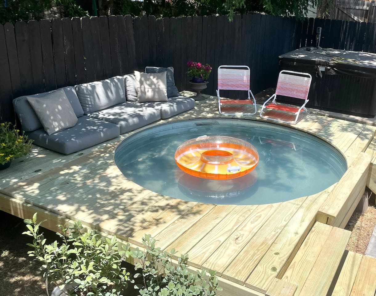 Cool off in our dipping pool. It is approximately 20" deep and 8 feet in diameter.