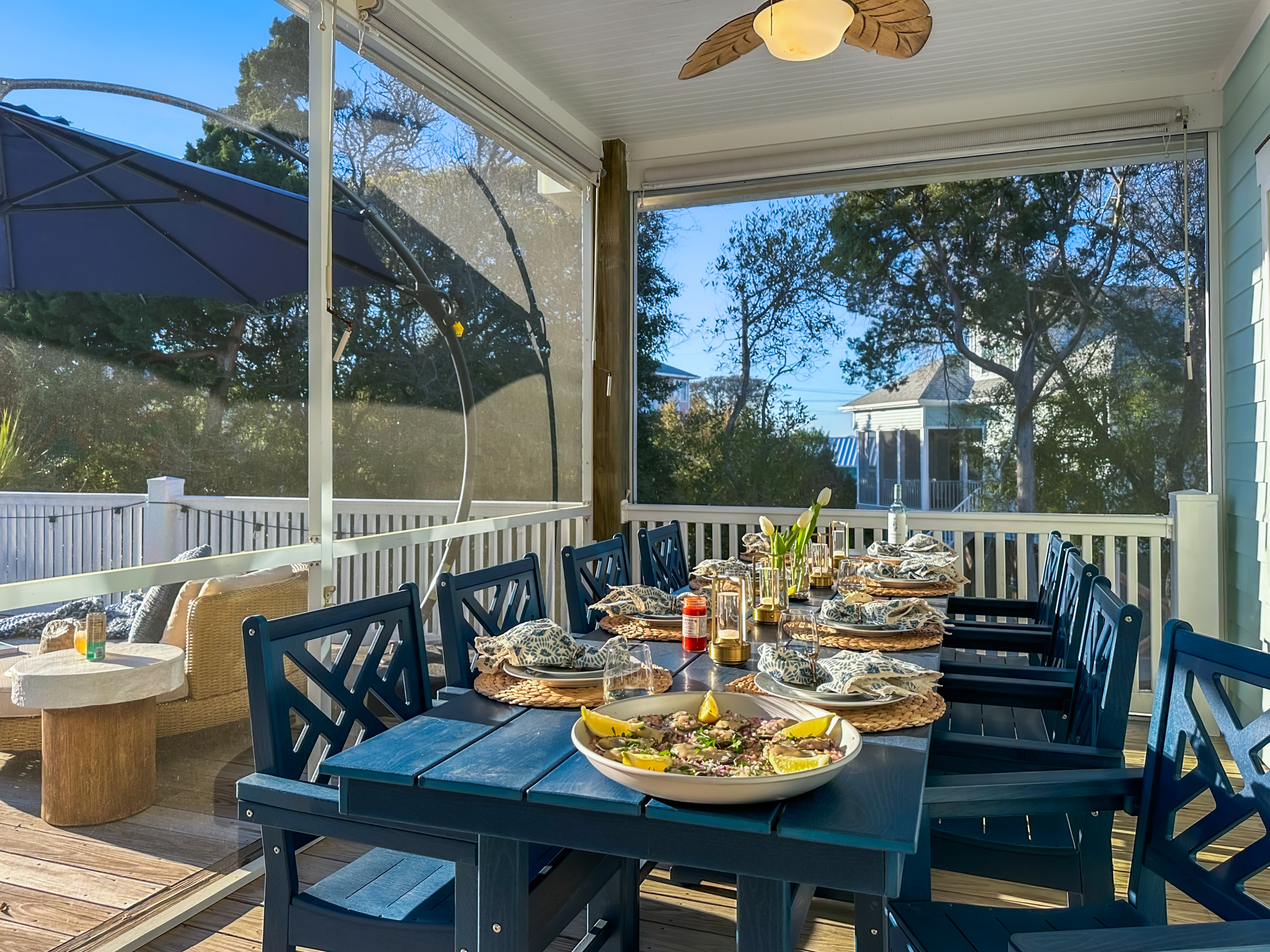 The deck leads you to the porch dining area.