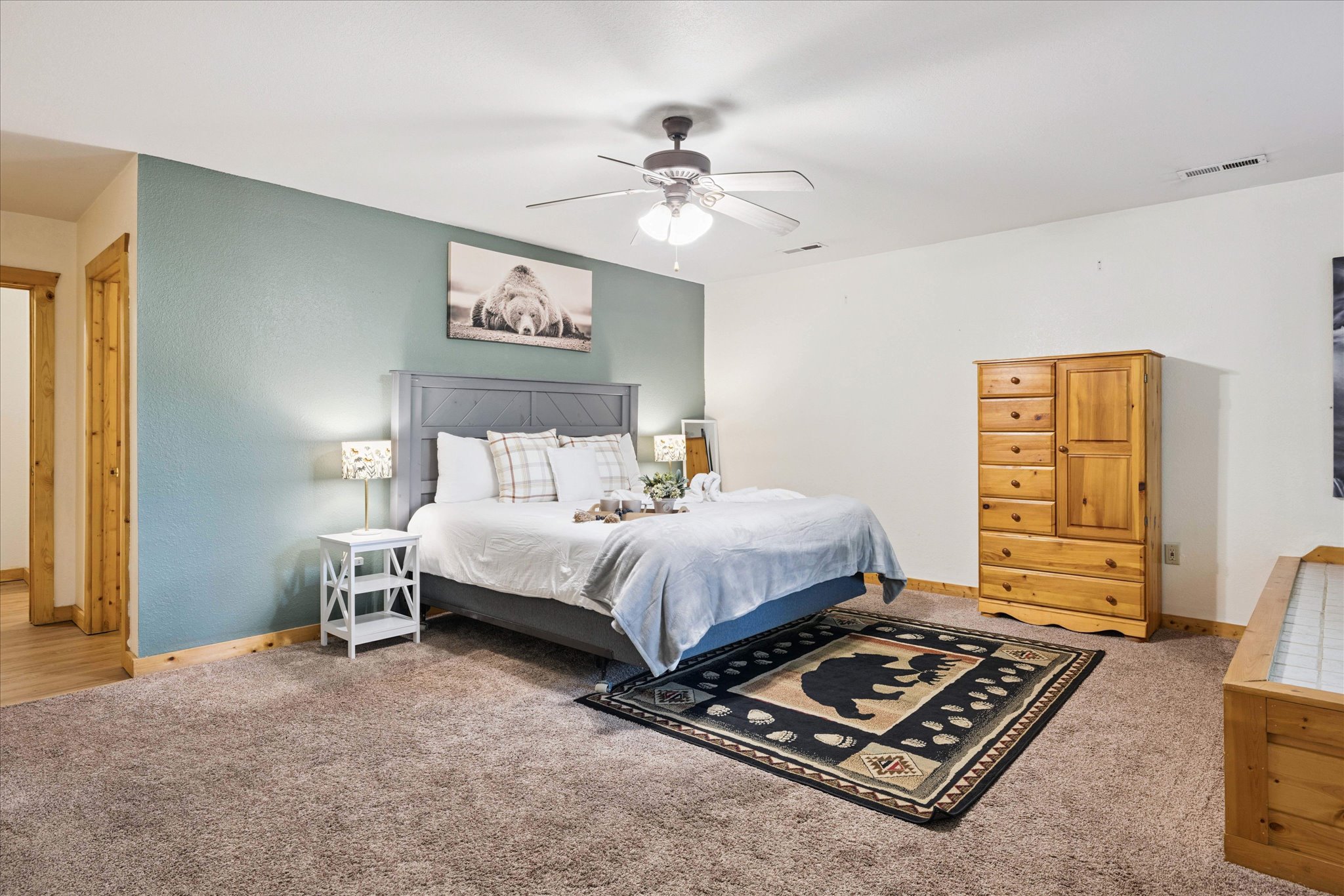 King bedroom with coffee bar and ensuite bathroom