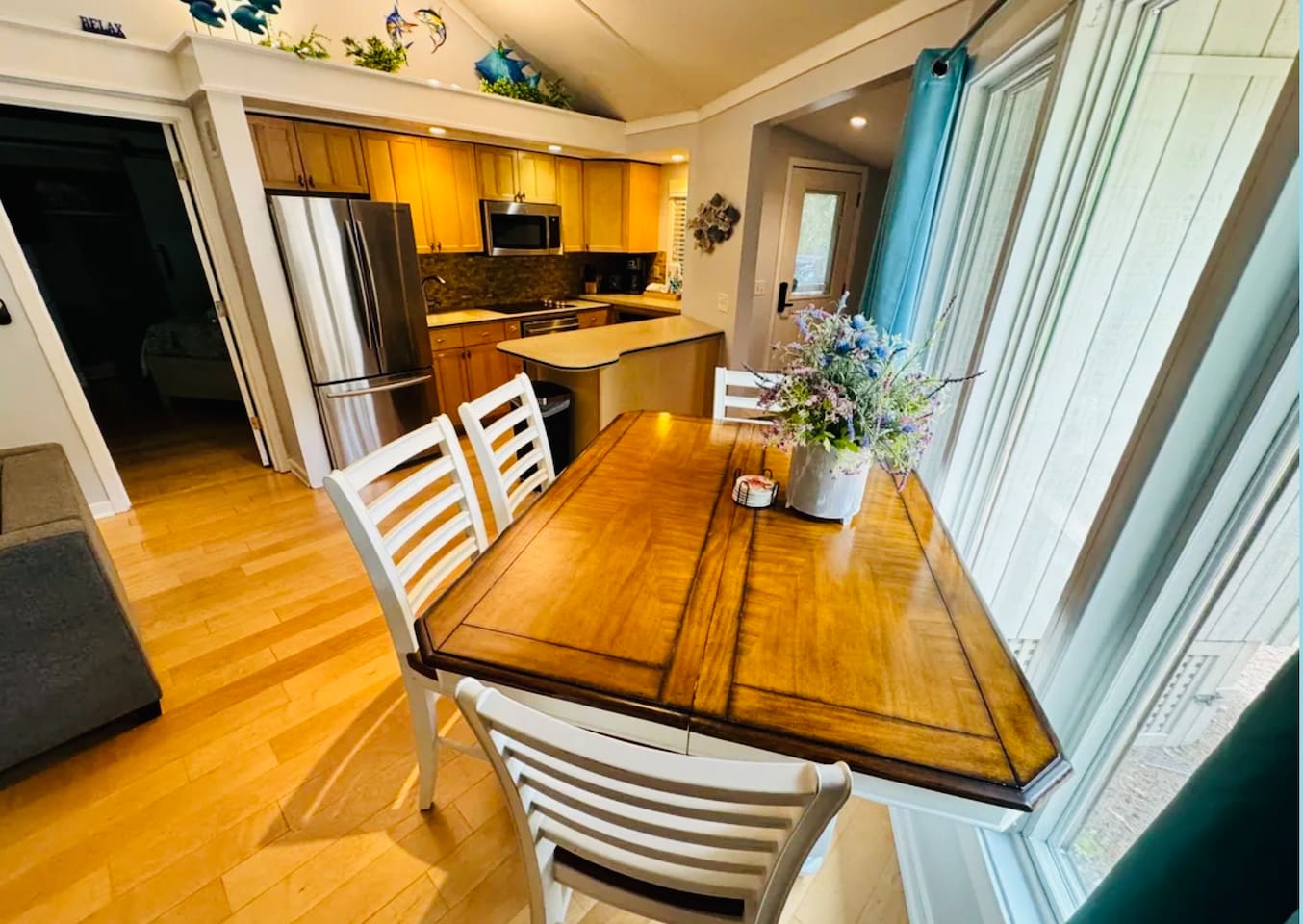 Dining table and kitchen