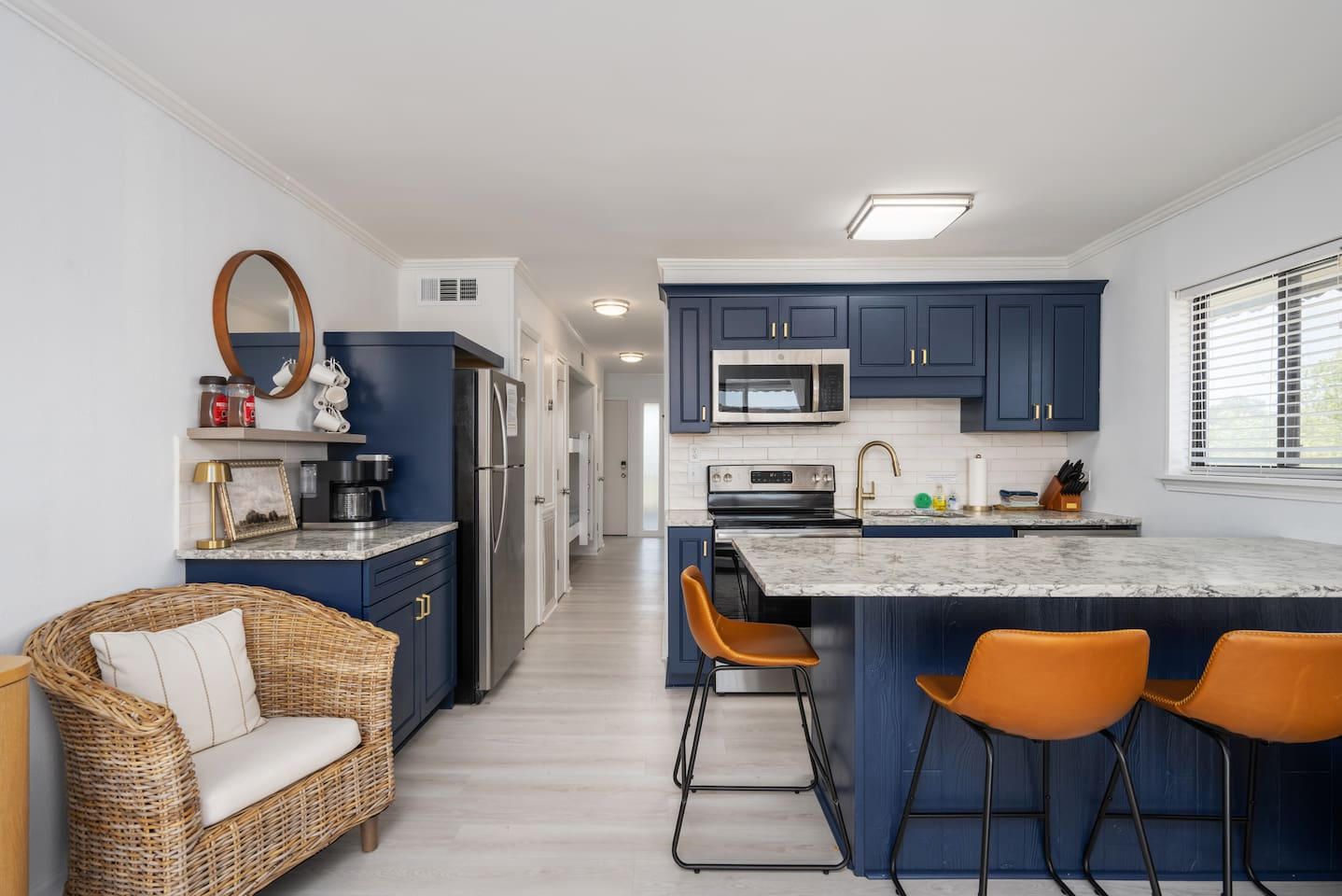 View from kitchen down the hallway. (Bunkbeds on the left, bedroom and bathroom on the right)