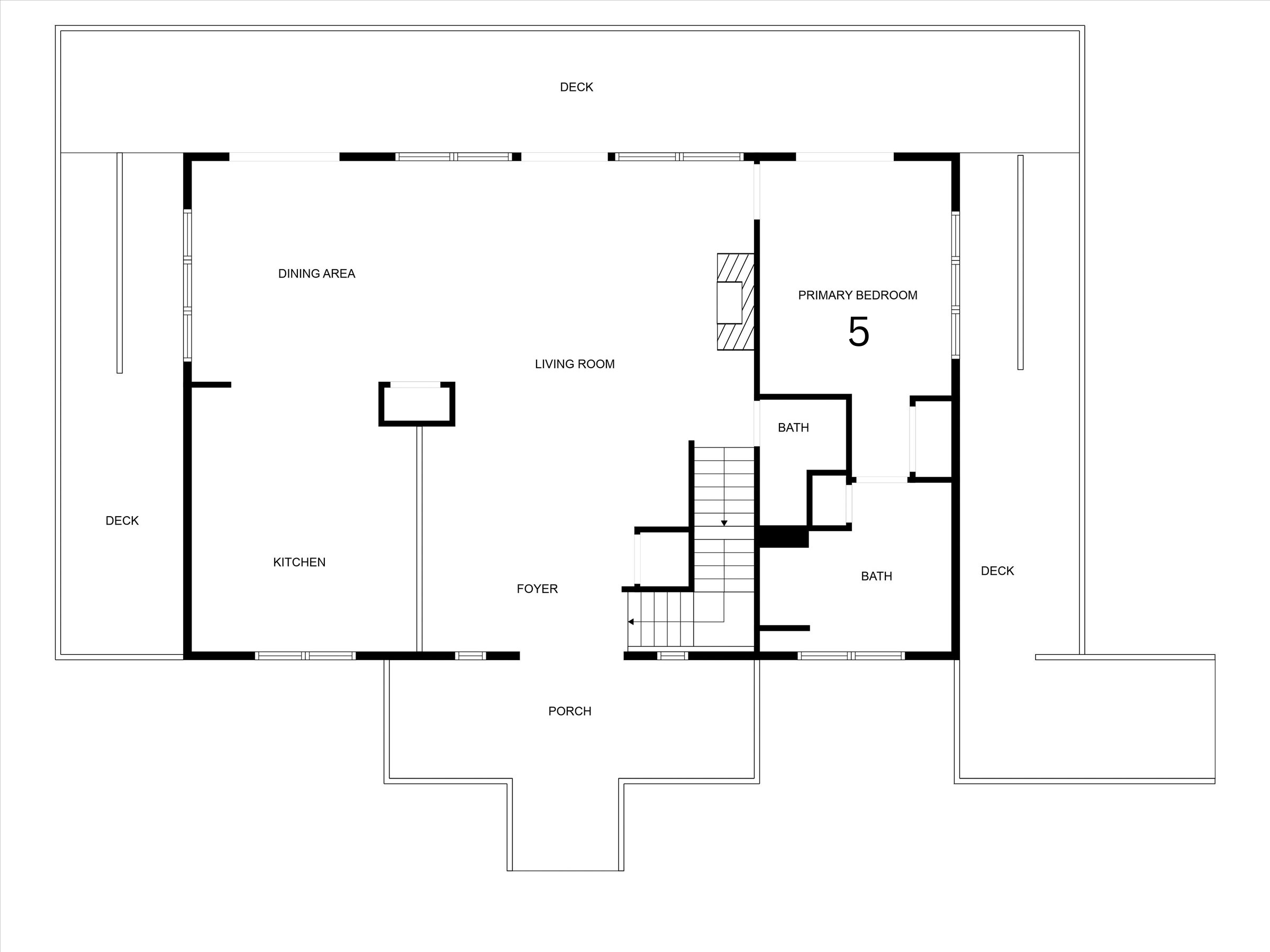 Main Floor.  The main floor can be accessed via the front stairs or a ramp on the right side of the cabin.  Bedroom 5 is handicap-accessible with a private bathroom with roll in shower and grab bars.