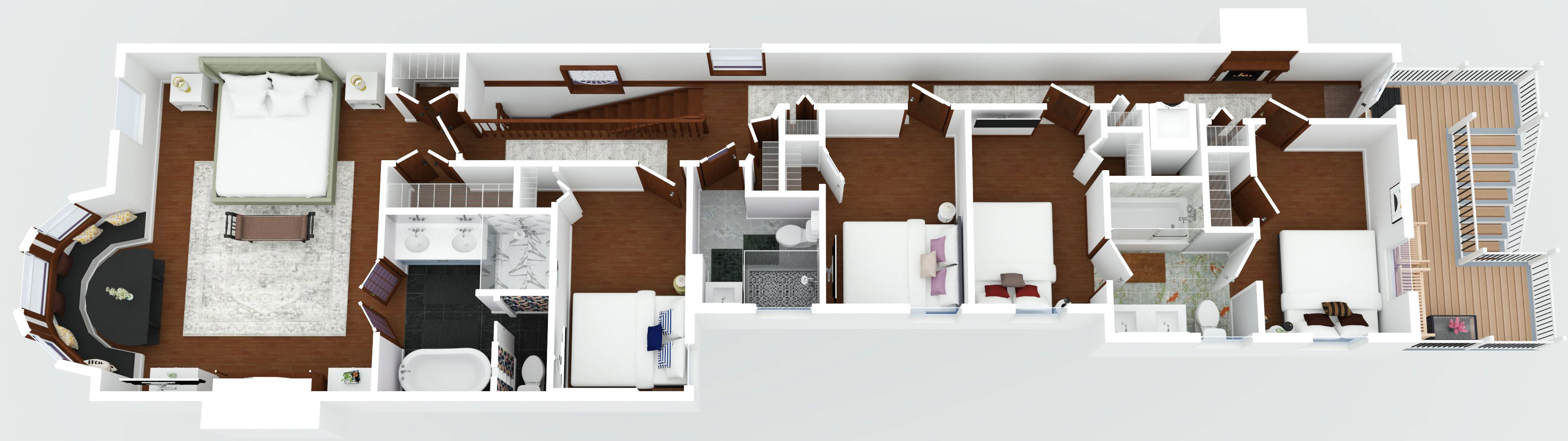 The second floor has 5 bedrooms and 3 full bathrooms, as well as the laundry area near the back door, which also accesses the rear deck and parking area