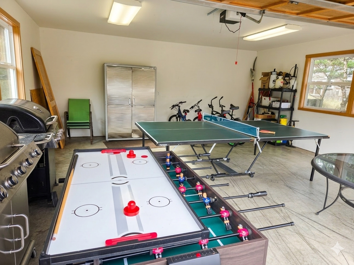 Grab one of the four bikes to ride around, fire up the grill, play some ping pong, air hockey, or foosball!