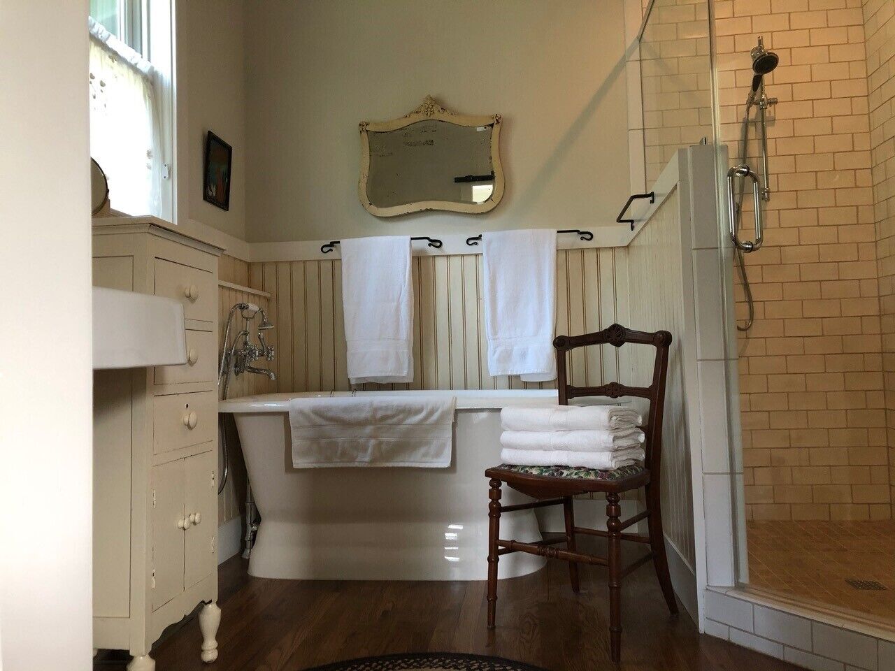 Bring your bubblebath for a great deep soak experience in the master clawfoot.