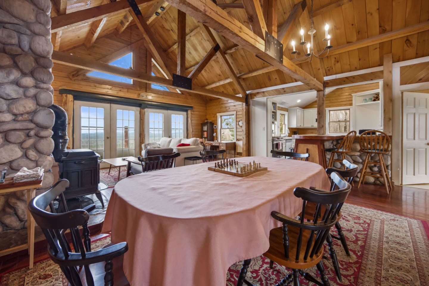 Open dining, living, and kitchen spaces