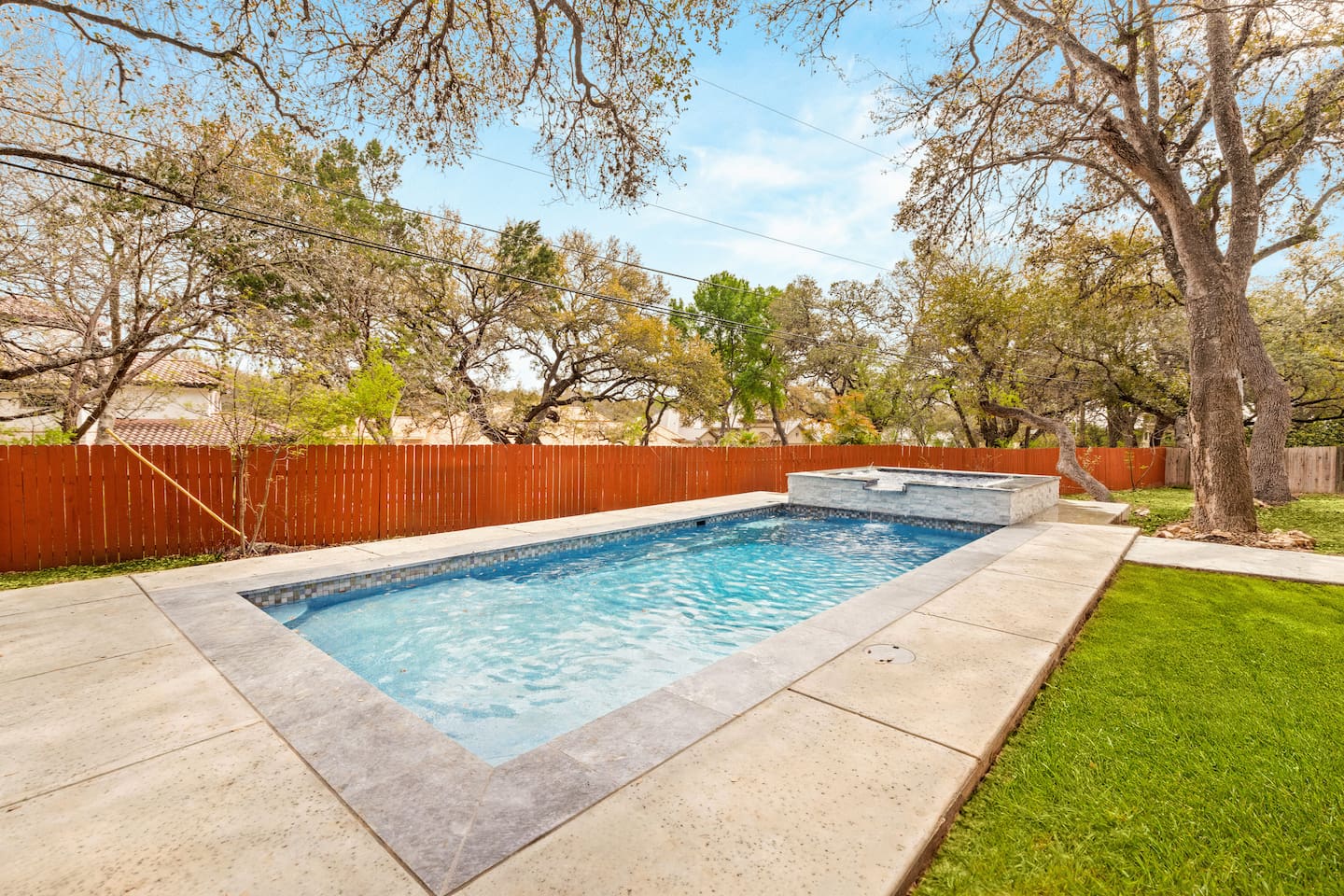 Heated pool and hot tub are ready! We’ve had quite a Texas drought lately so unfortunately the grass has died, but we’re working on solutions!