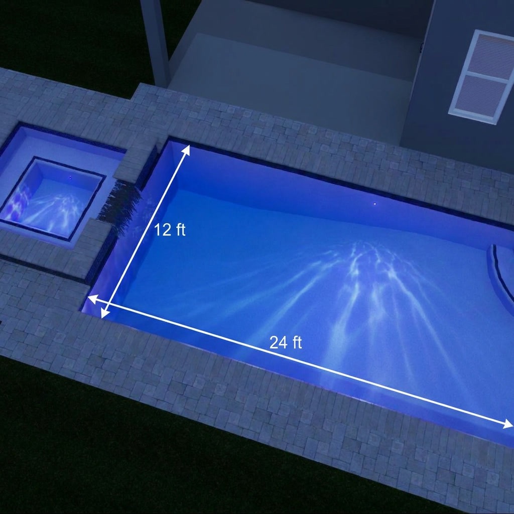 This image is a conceptual rendering provided by the construction company to illustrate the planned pool and spa. The completed project is anticipated before Spring 2027, and final details may differ slightly from this rendering.
