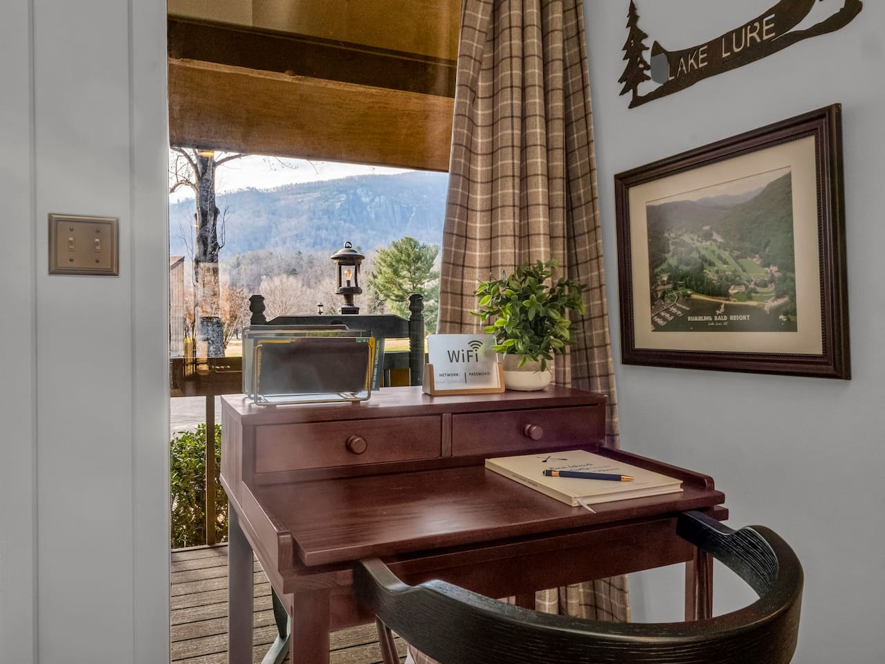 Foyer desk with view of Bald Mountain