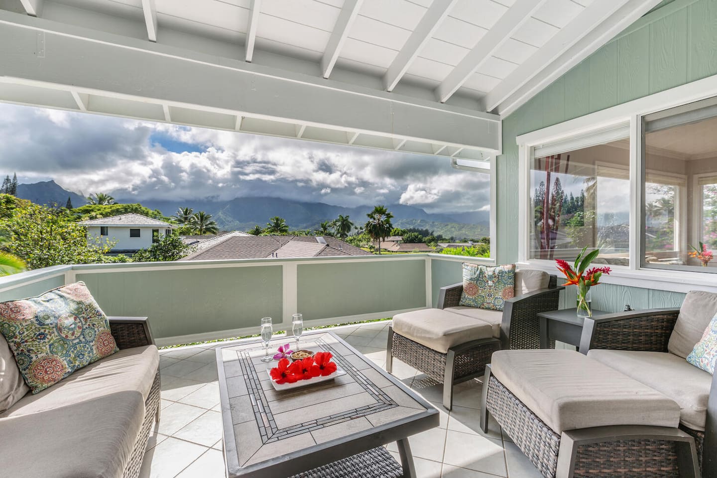 Upstairs Lanai has mountain, waterfall, rainbow, and ocean views.