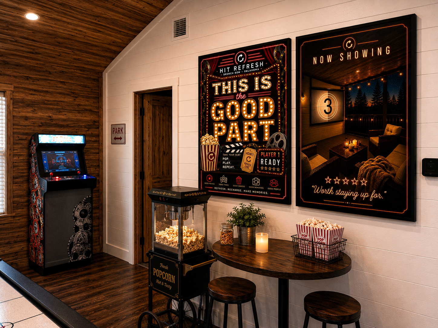 The smell of fresh popcorn drifting through the loft & arcade rematches. Then cozy movie nights outside to the Sky Deck Cinema, wrap up in a blanket, & watch movies beneath stars surrounded by towering pines!
