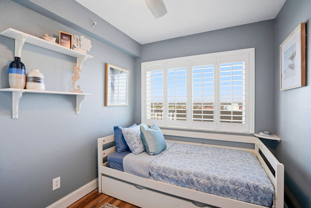 Bedroom 3 features a twin trundle bed that pulls out and conserves space when not in use. 