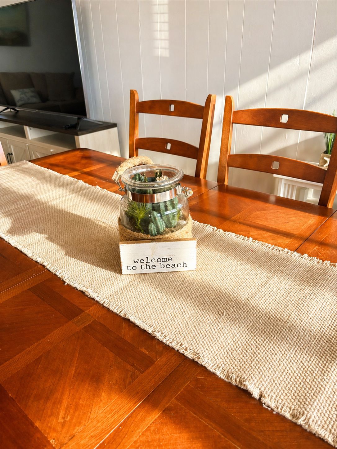 Dining table that comfortably seats eight.