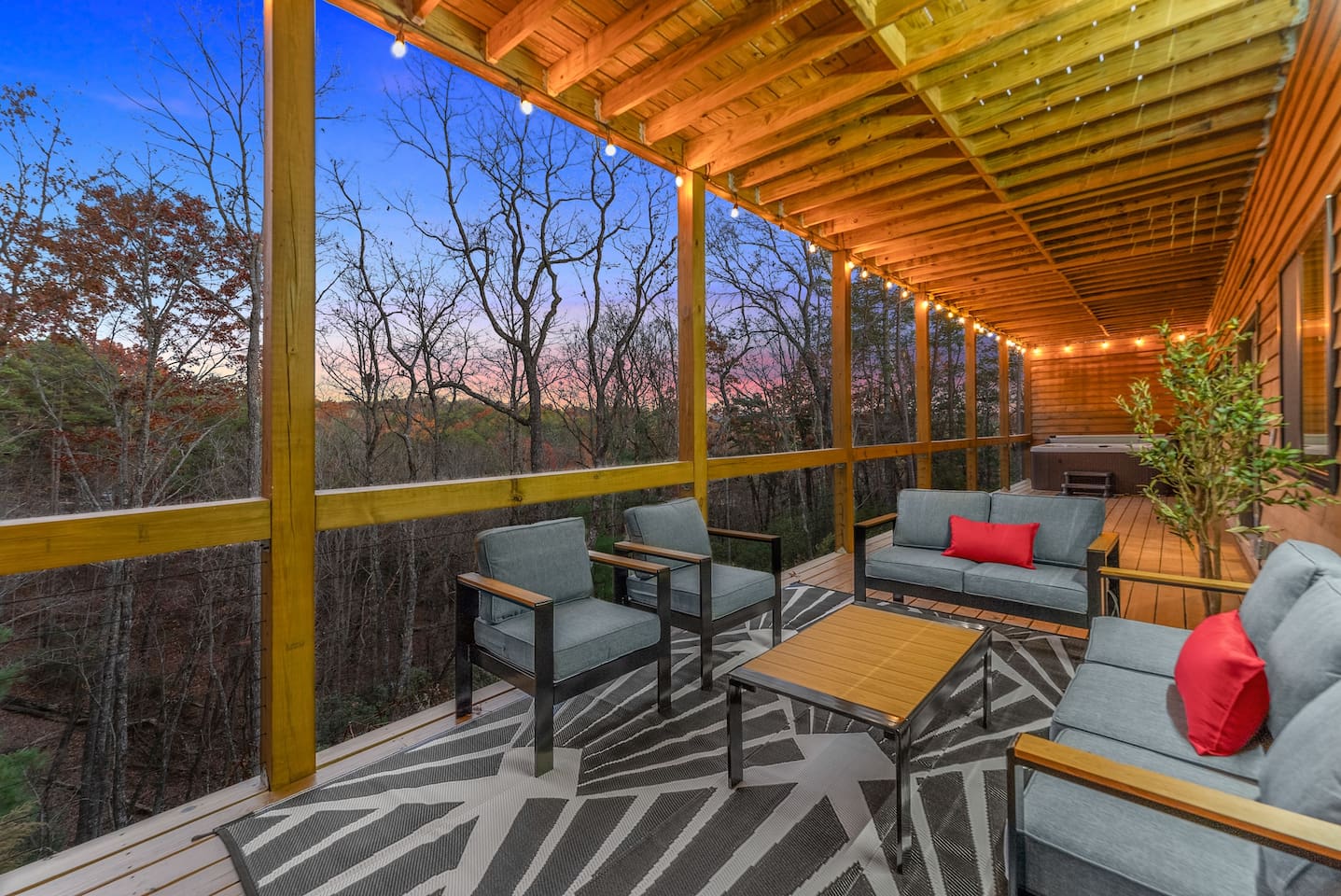 Twilight view of the outdoor propane fire pit