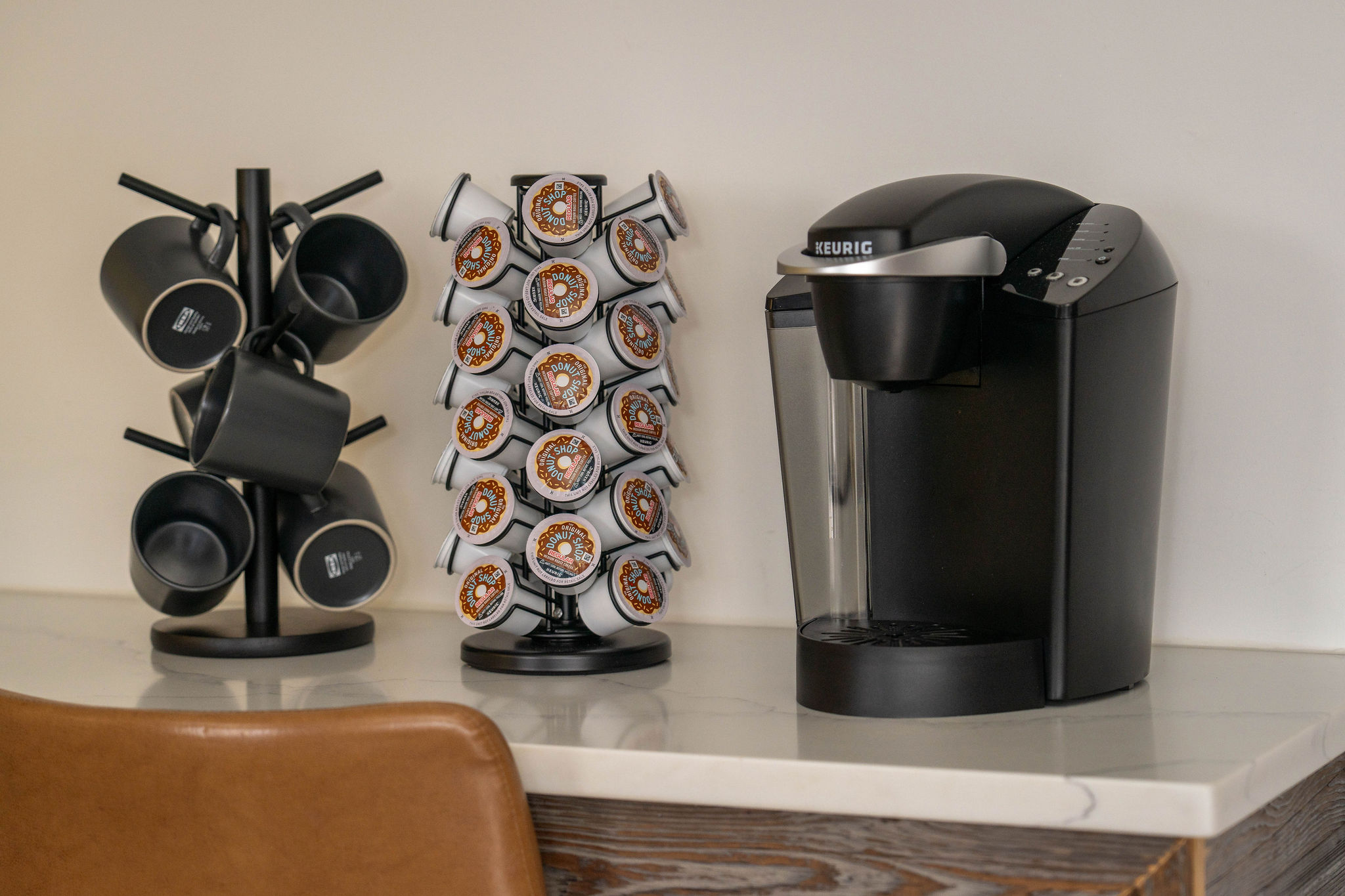 Coffee Bar with K-Cups Provided Wake up to a stocked Keurig station with mugs and a full assortment of K-cups.