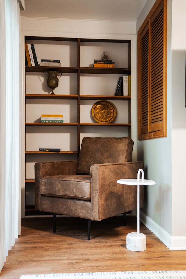 Comfy chair facing outdoor patio