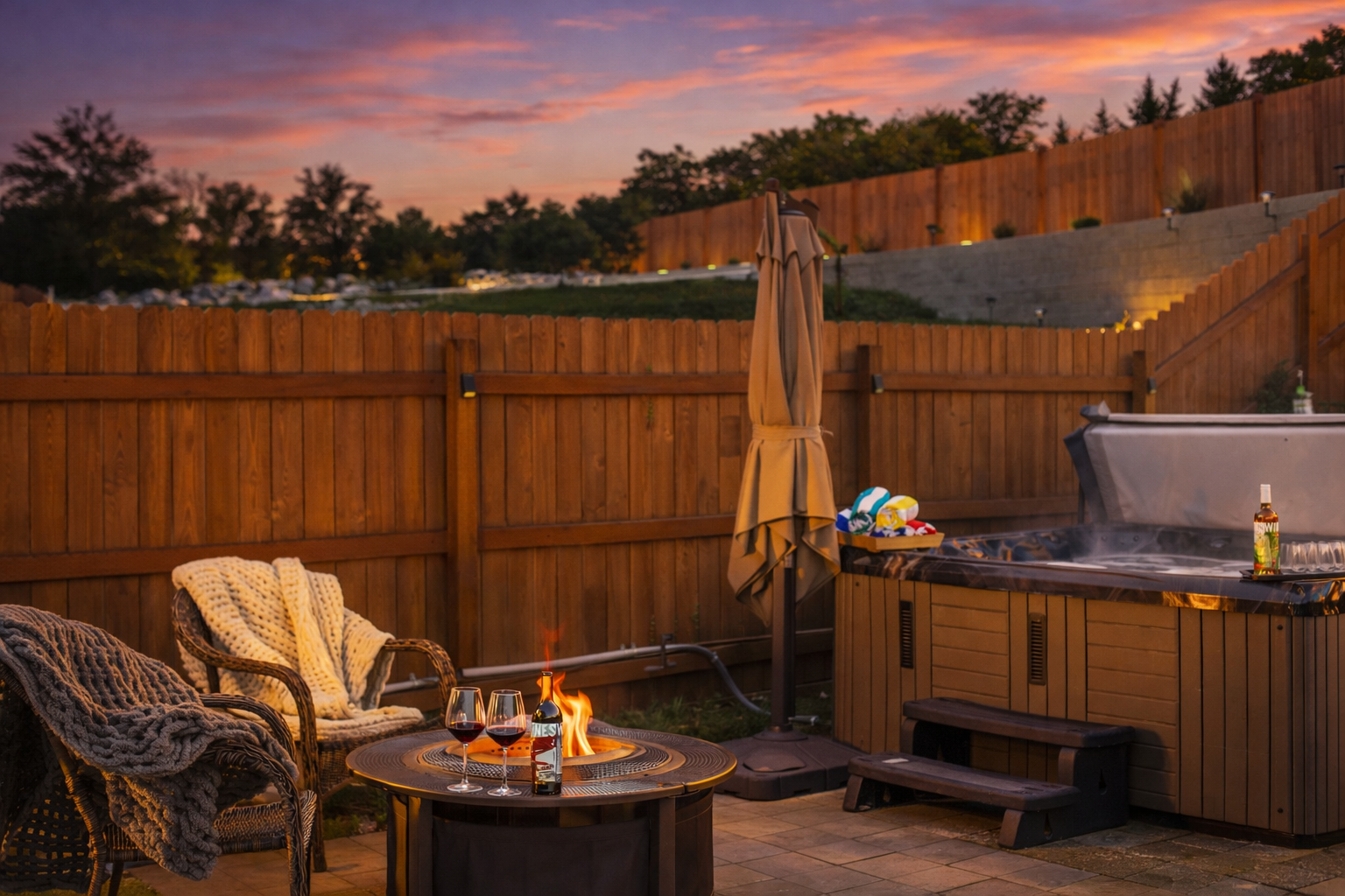 Backyard summer evening oasis with 6-7 person hot tub and solo stove fire pit