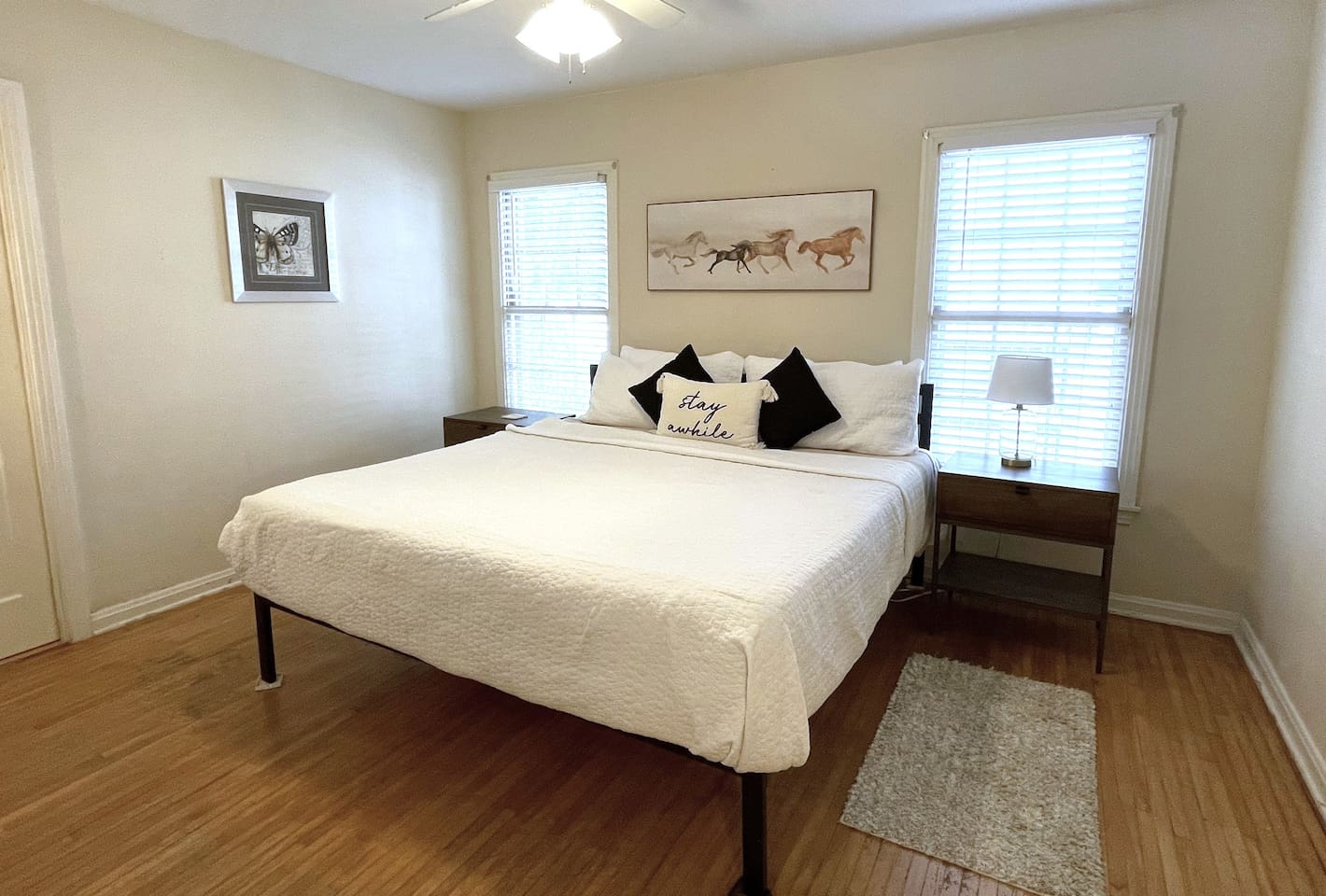 Enjoy king sleeping on this gel infused memory foam mattress.  Bedside lighting, storage, and charging stations are provided.  The in-room closet provides both clothes hanging space and draw storage for short or longer term stays.