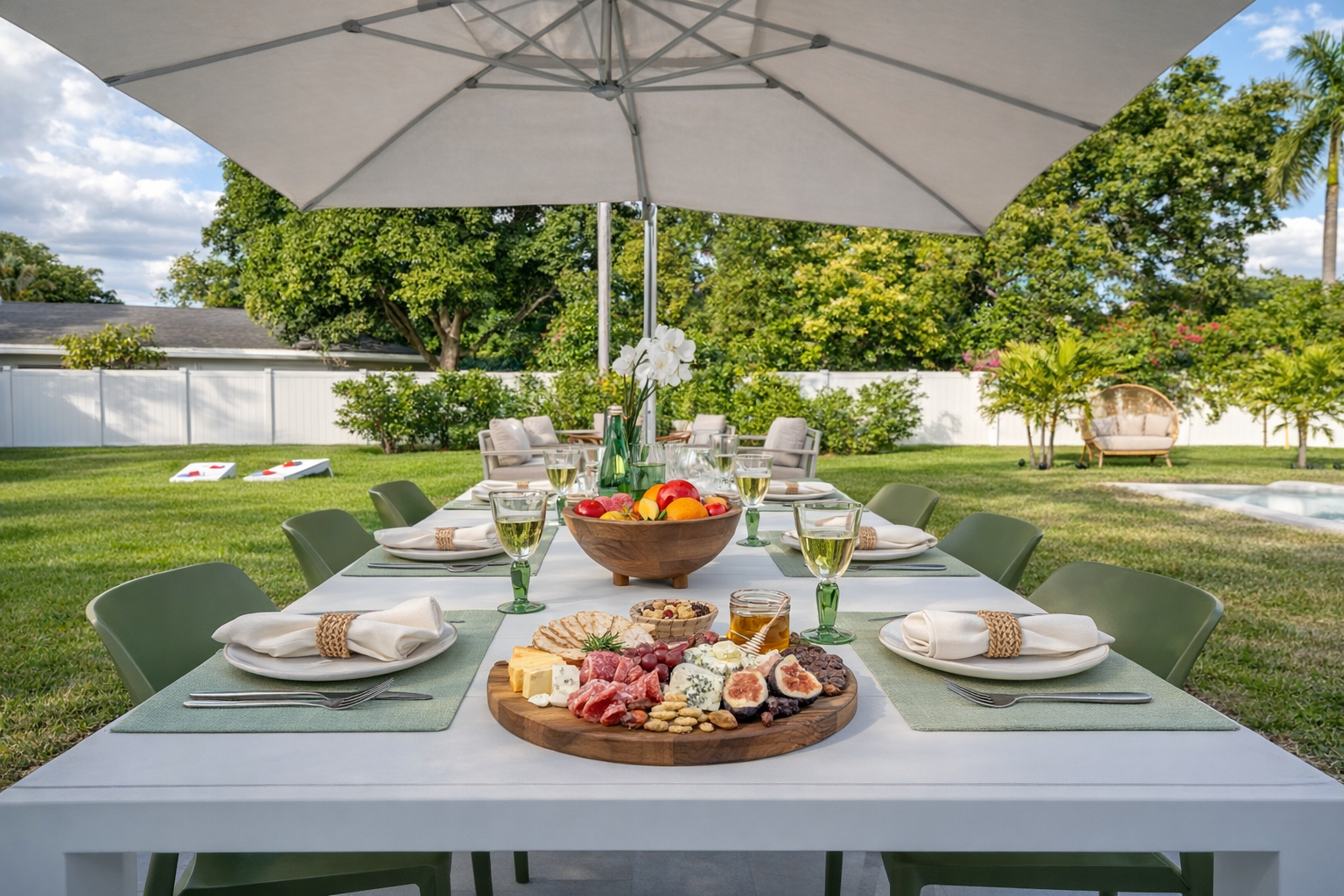 Outdoor dining and lounge patio with umbrella seating, ideal for family meals and group gatherings.