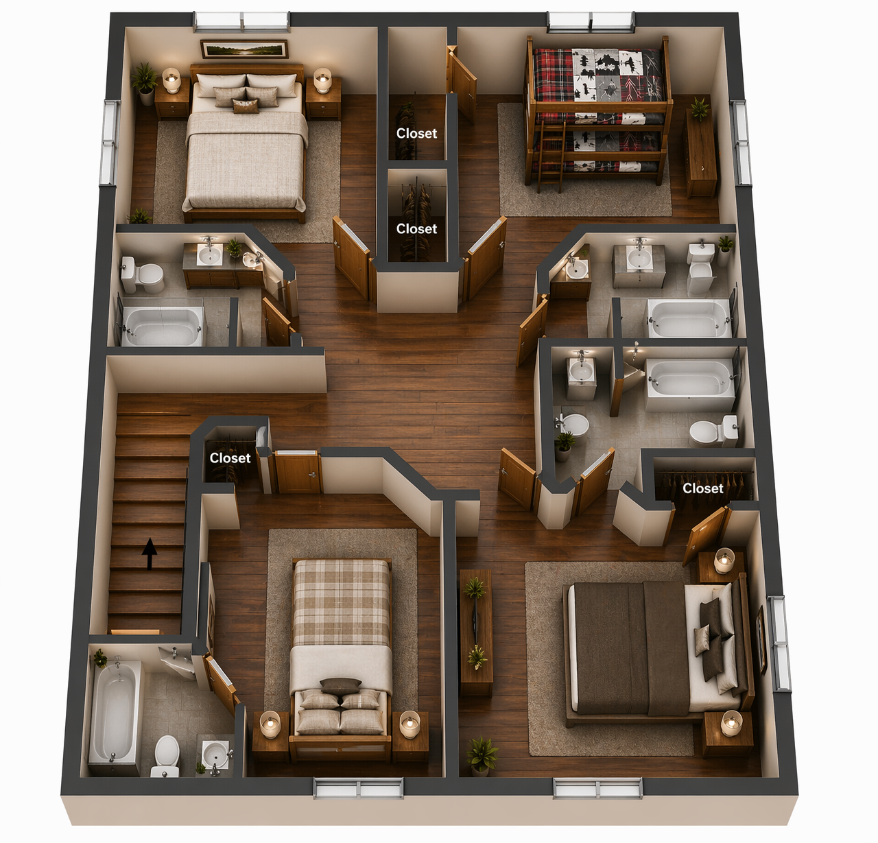 3D floorplan rendering of the upstairs. Furnishings and furniture placement are not an exact depiction.
