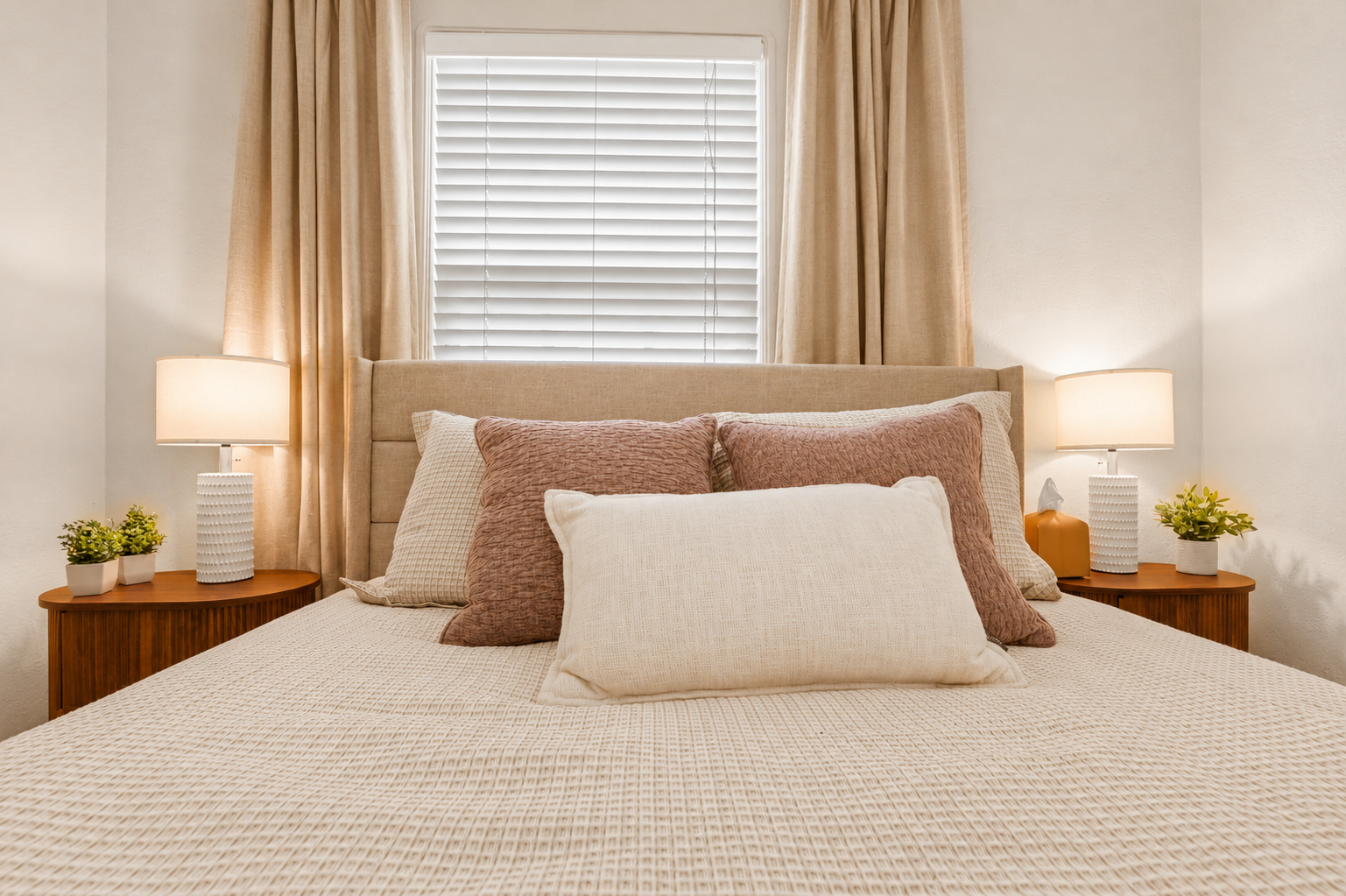 Bedroom 1 features a comfortable queen bed, soft linens, calming decor, and a relaxing space to unwind and recharge.
