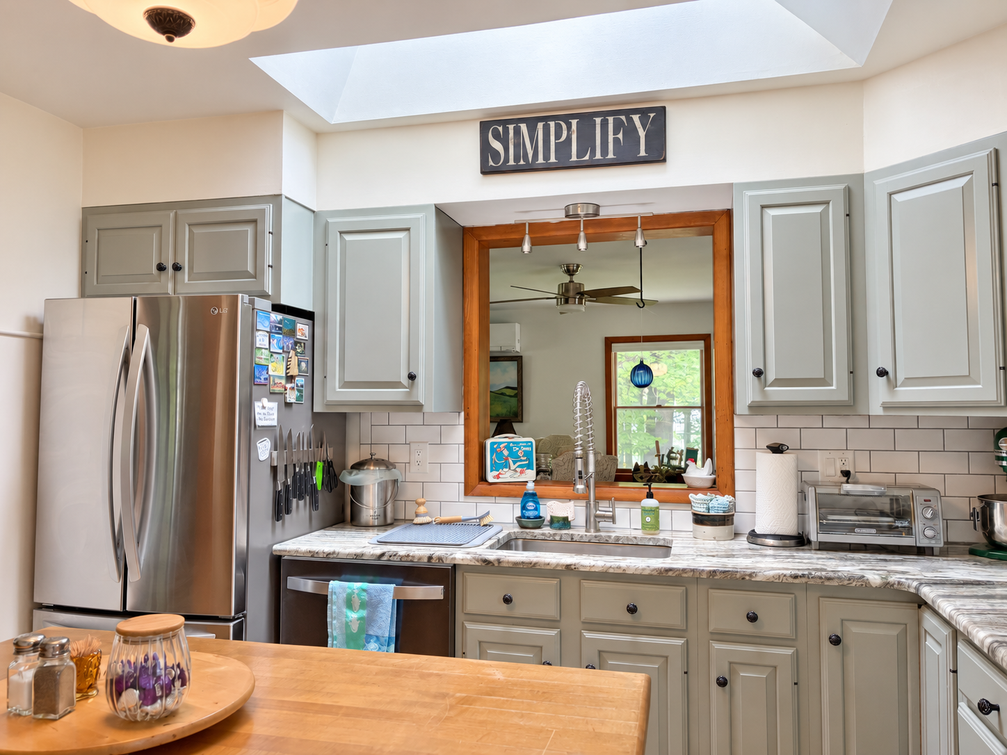 Kitchen sink and counter space.