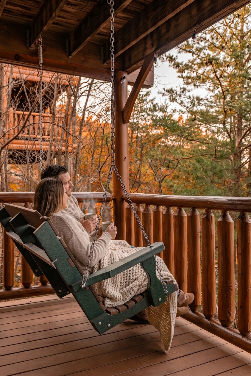 Leaf-peeping headquarters — porch swing with mountain views 🍂