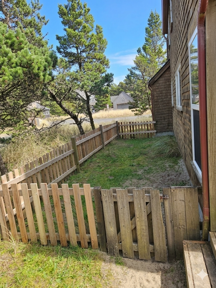 Fenced yard for dogs on the side of the home