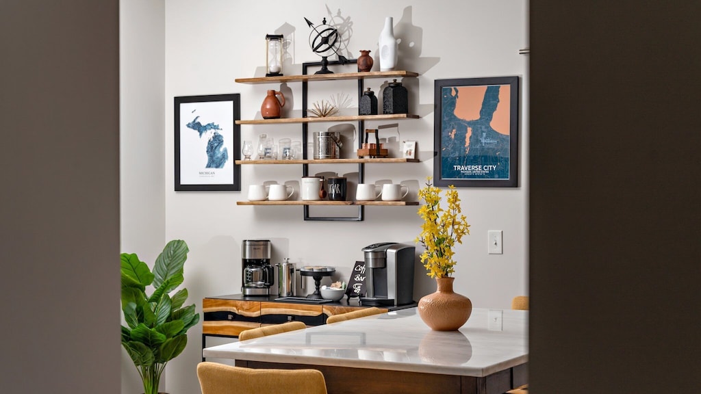 A fully loaded coffee bar includes: K cups, grounds, sugar, stevia, and creamers