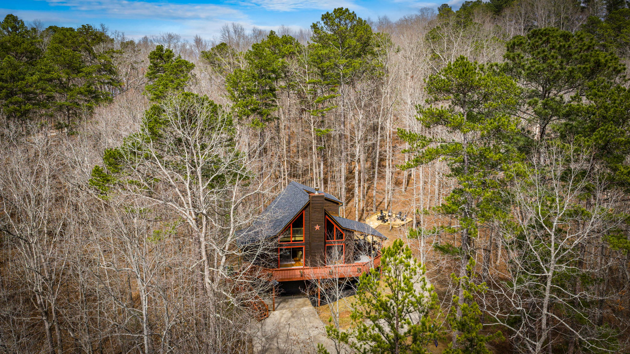Beautiful aerial shot of the cabin.