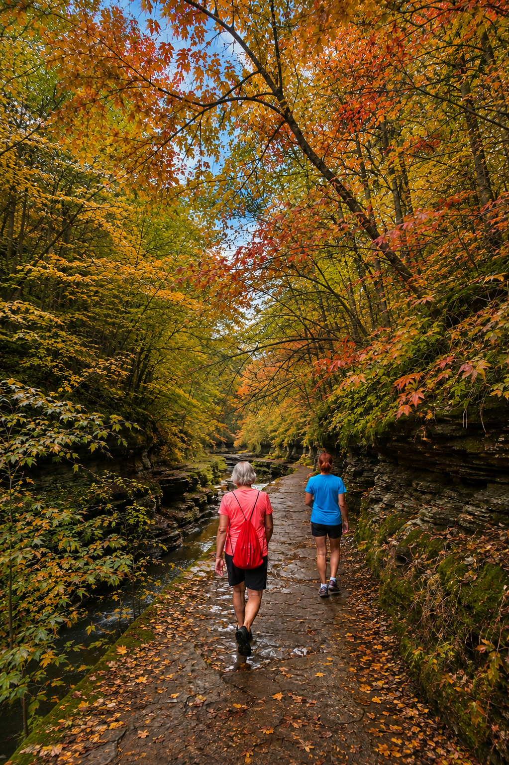 Hiking through colorful autumn leaves in the Finger Lakes