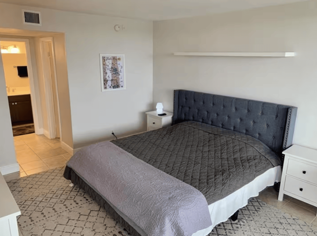 Our bed is very comfortable, with a closet and storage to get you fully settled in.