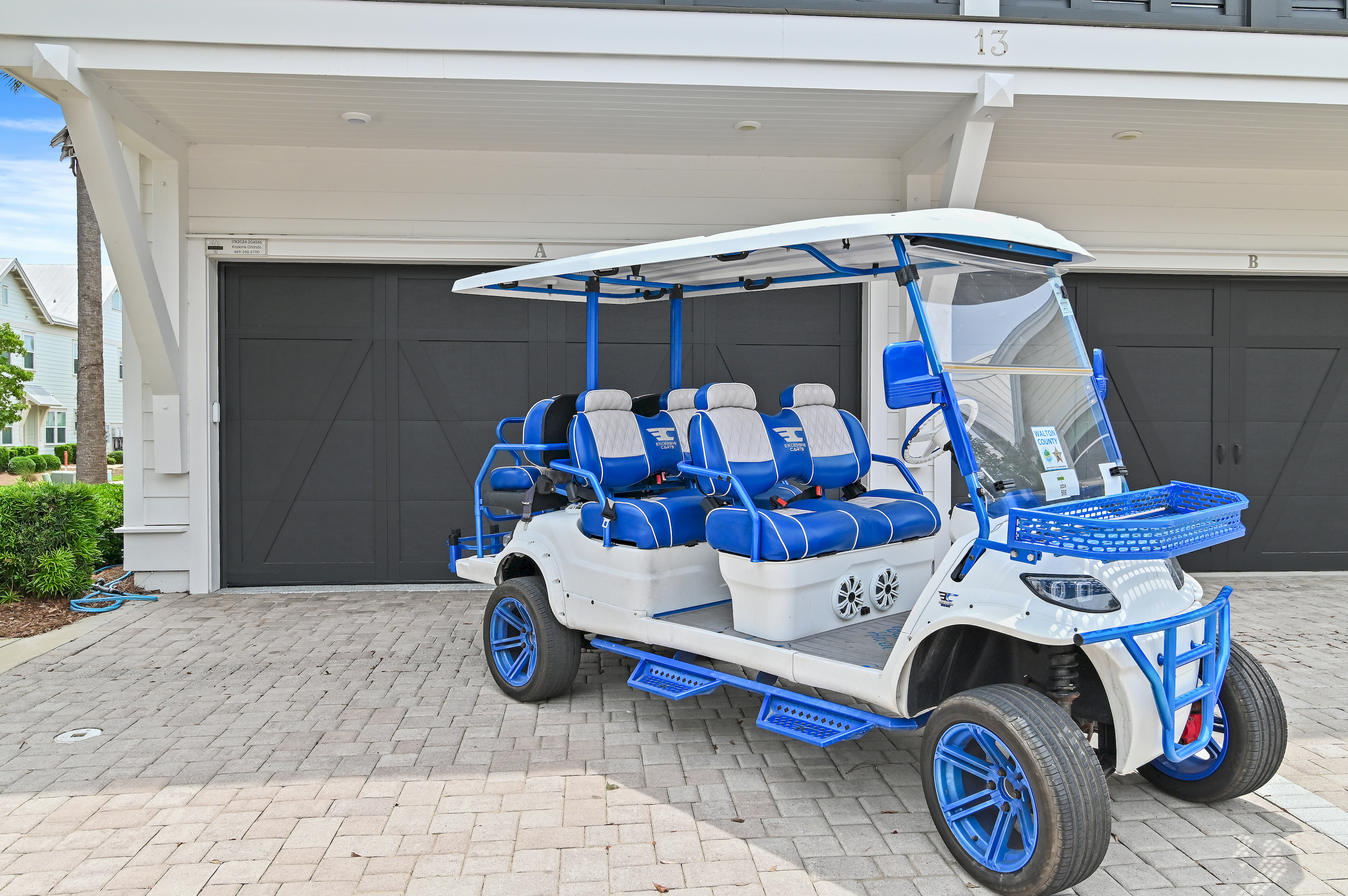 Cruise 30A in style with our custom 6-passenger street-legal golf cart, perfect for exploring the local area and reaching nearby beach accesses with ease.