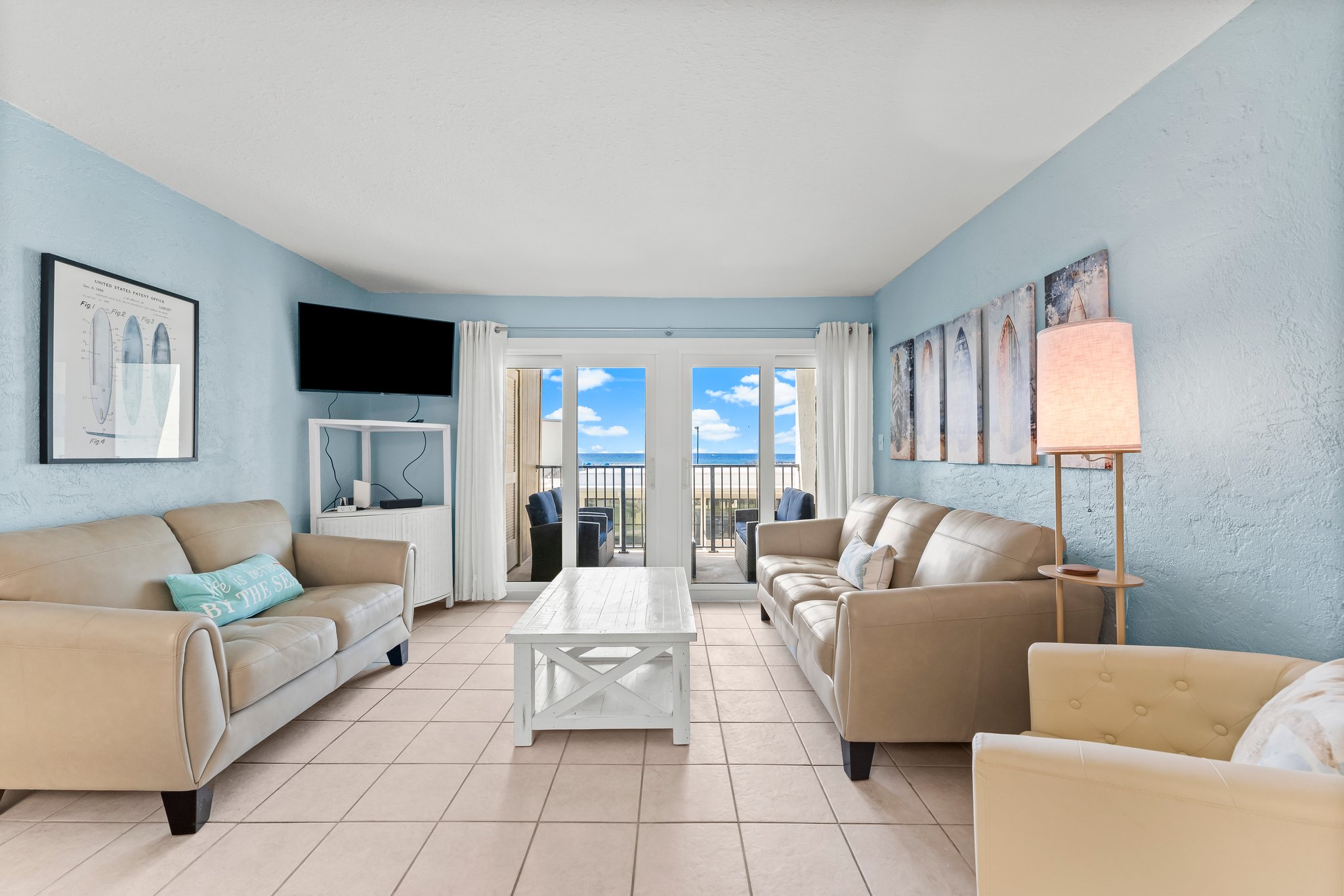 Living room with smart tv and ocean view
