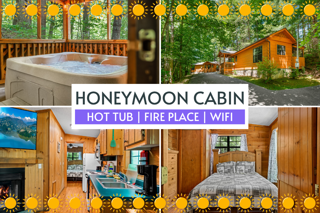 Escape to a romantic honeymoon cabin with a private hot tub, fireplace, and free WiFi—ideal for every couples.