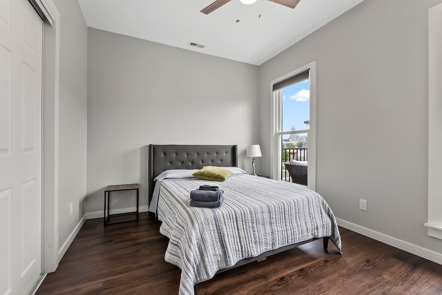 A bright and airy space with natural light streaming through large windows.