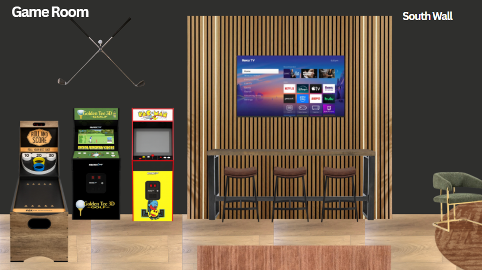 Endless entertainment awaits with arcade classics, bar seating, and a big-screen TV for movies and games.