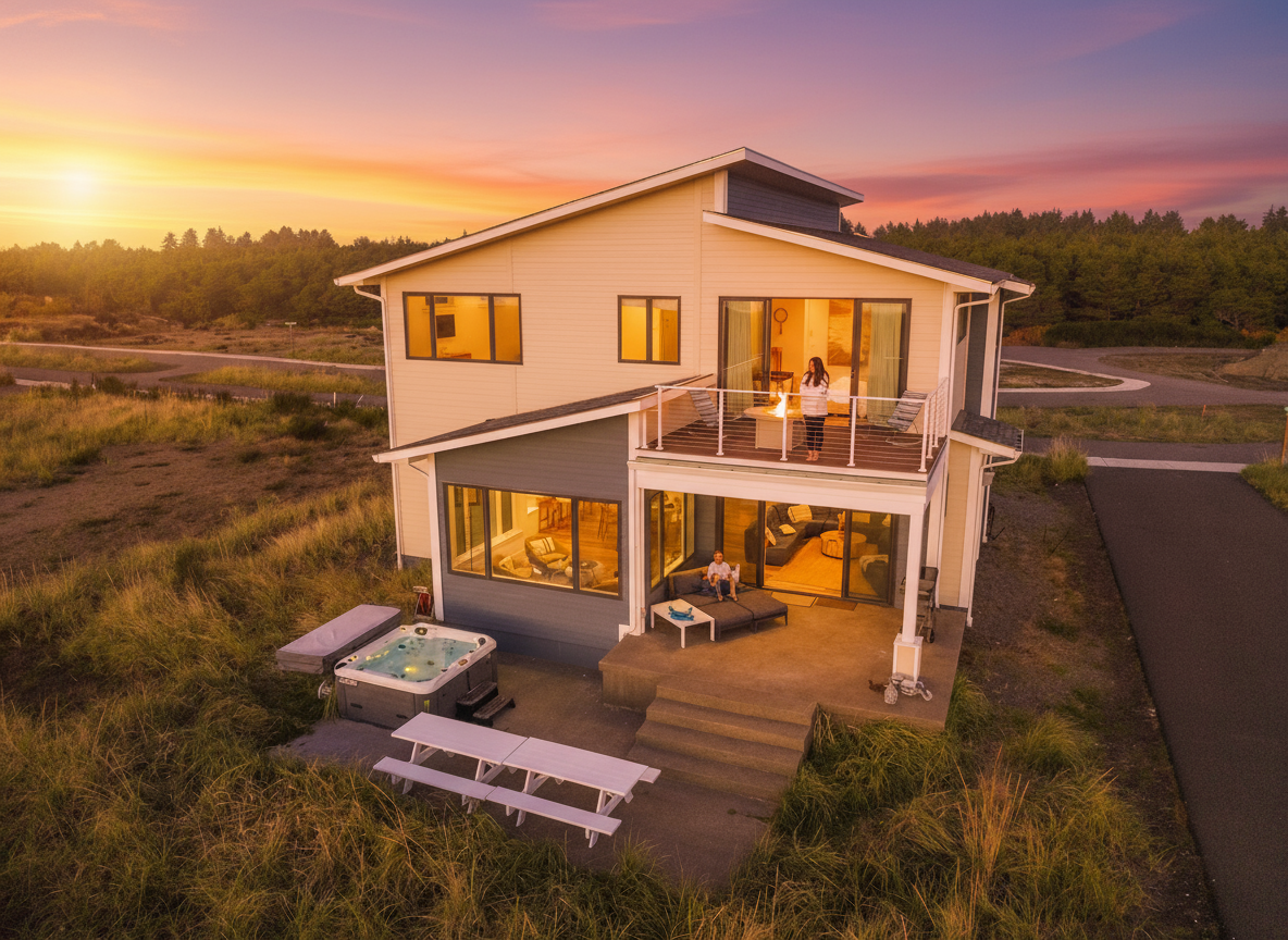 {Back Patio} Soak in the ocean views, relax in the hot tub, and gather around picnic tables for unforgettable al fresco dining.