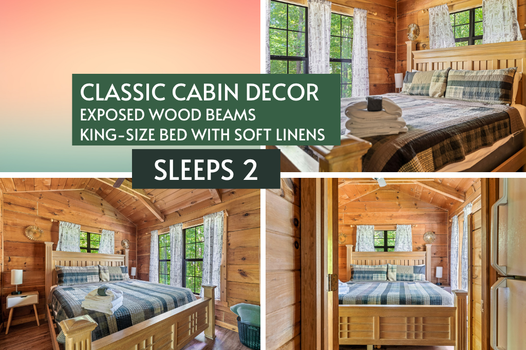 Sleep easy in a king bed wrapped in soft linens, warm wood, and rustic charm