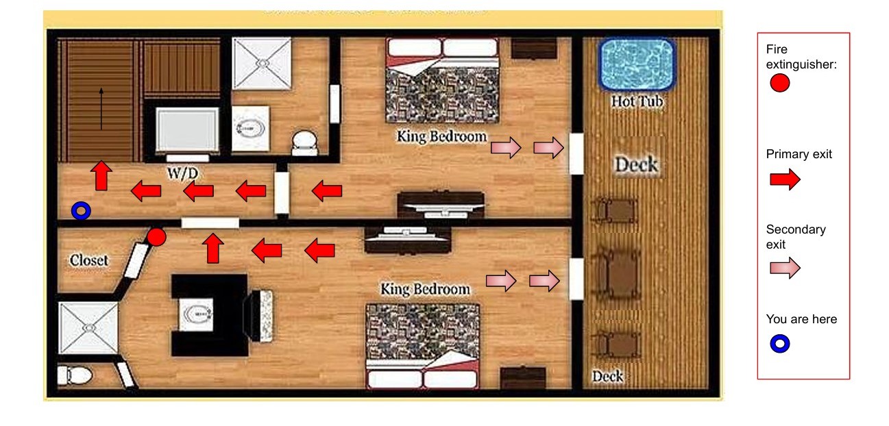 Bottom floor of Falcon Ridge with lower deck access to the hot tub.  (Bedrooms 1 and 2 and laundry)