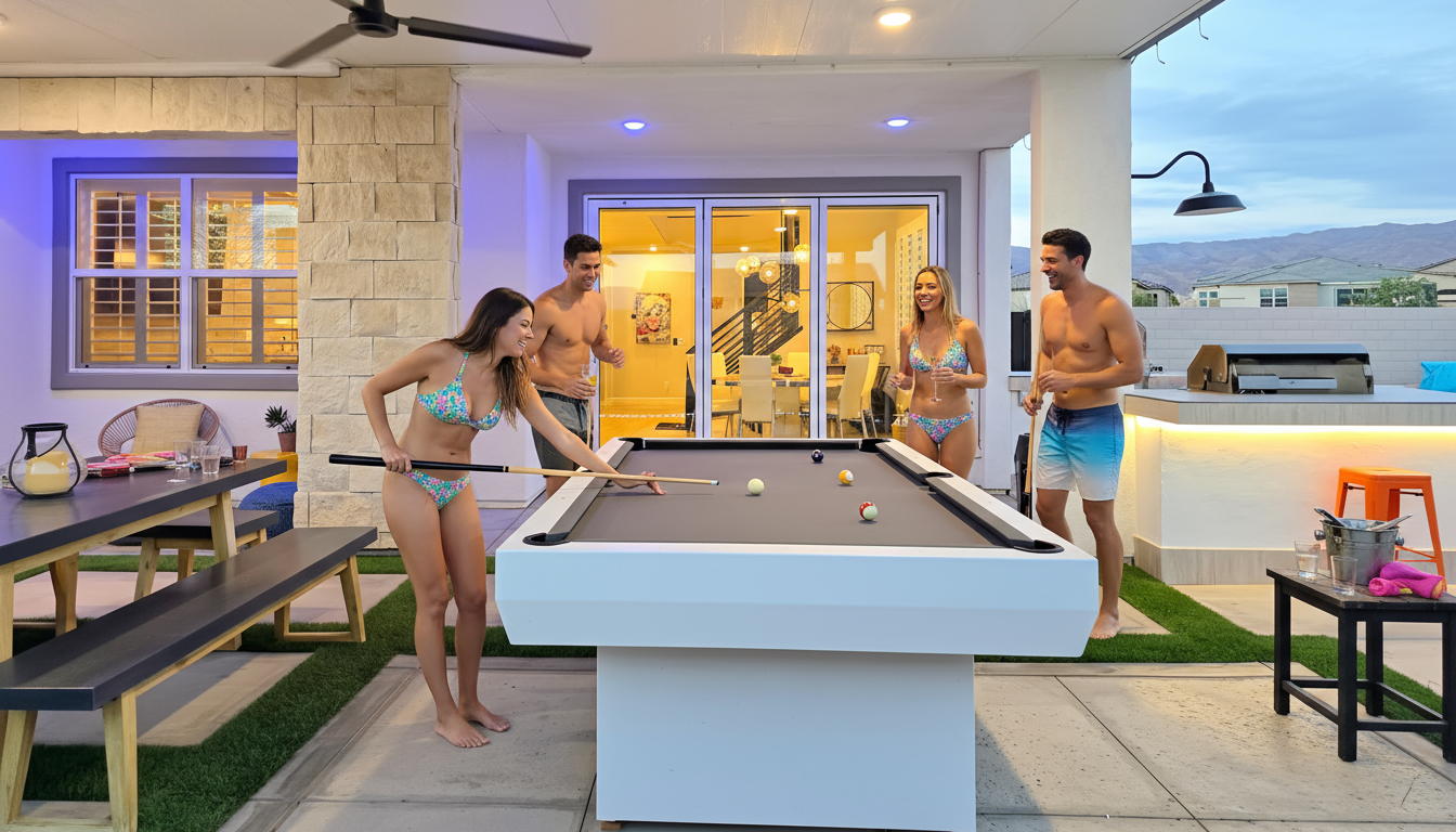 Outdoor entertaining at its best! Covered patio with misters, Sonos surround sound, 8-foot pool table, outdoor table with seating for 8+, fireplace, and smart tv!