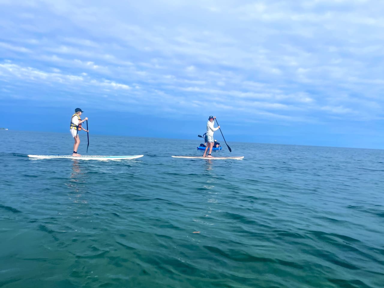 We have three SUPs that are great for taking out in the morning to see some manatees, and or go on a grand adventure to False Caye.