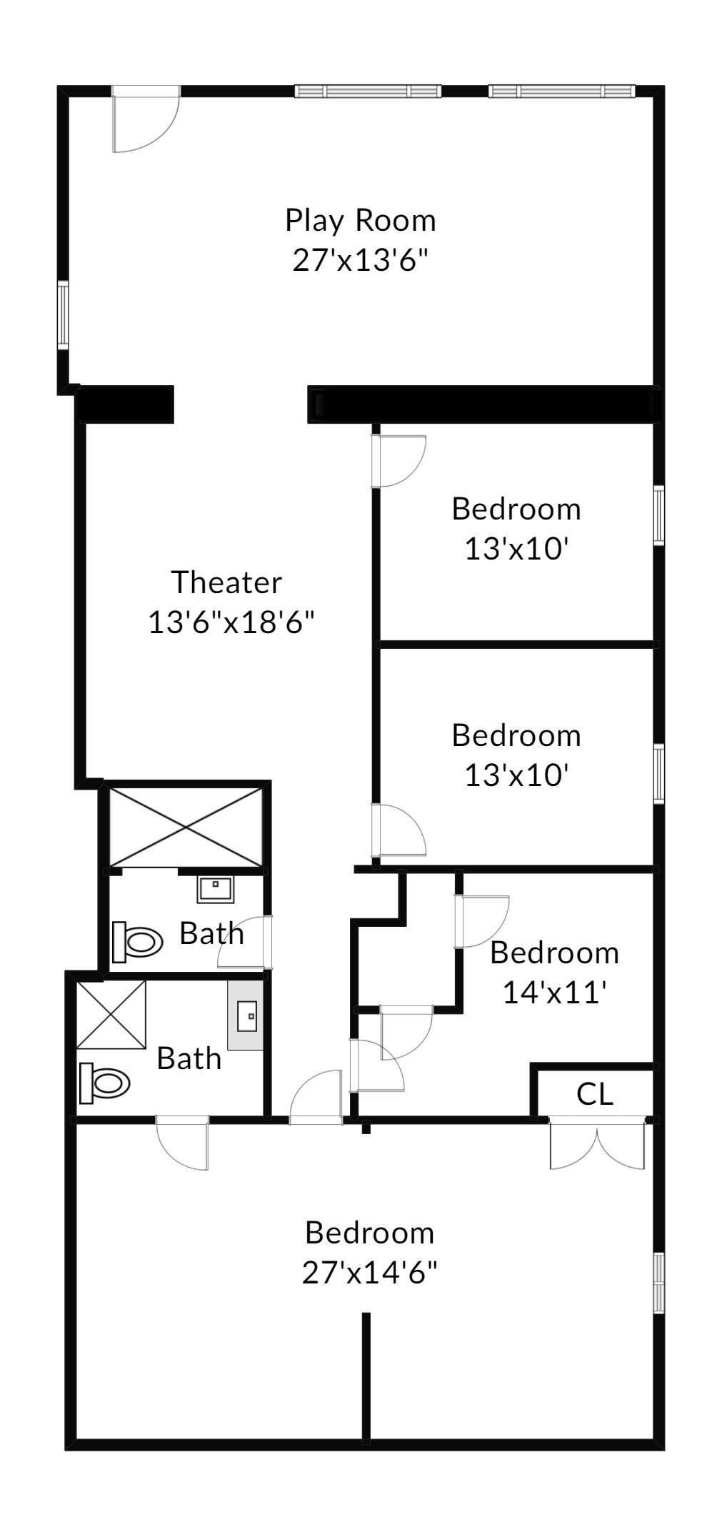 Downstairs Floor Plan 3 Bed, 2 Bath, Theater & Play Rooms