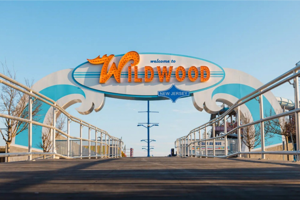 Iconic Wildwood boardwalk entrance, marking the start of shops, rides, beaches, and seaside attractions. A lively coastal landmark that places you right near the heart of the area’s classic beach town atmosphere.