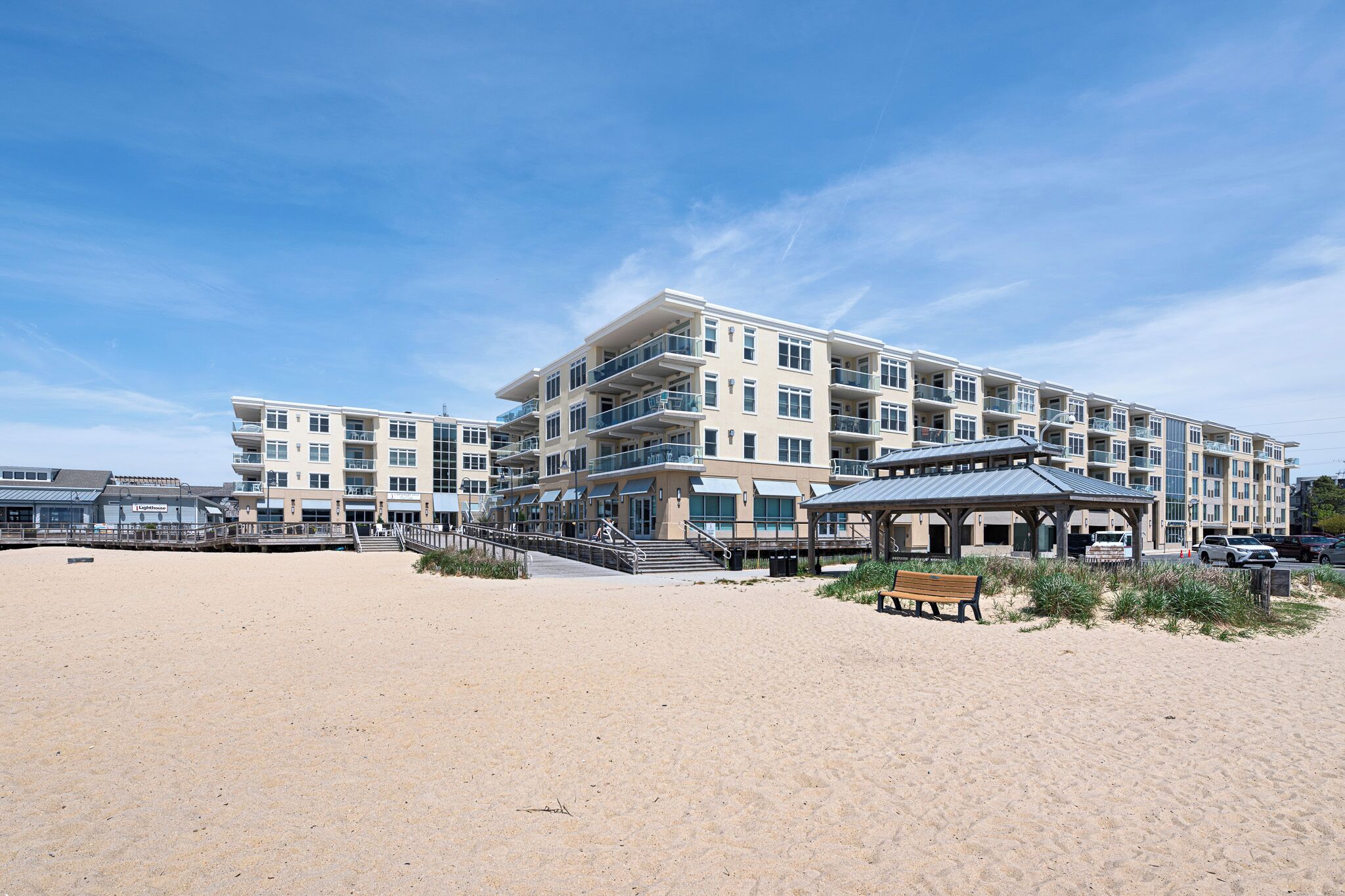 Bayside beach and boardwalk attached to condo building