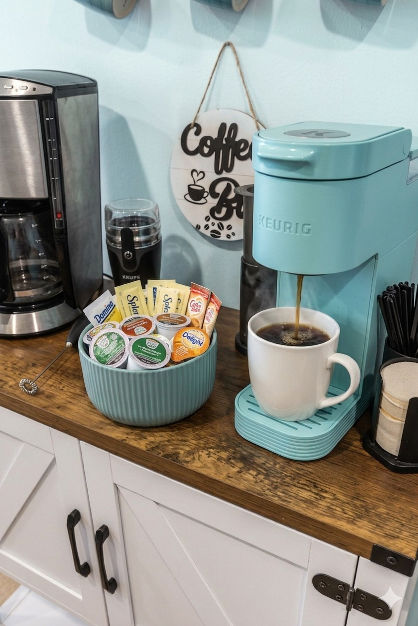 K-cups, sugars, and creamers all to get you started on that first morning cup of coffee! 